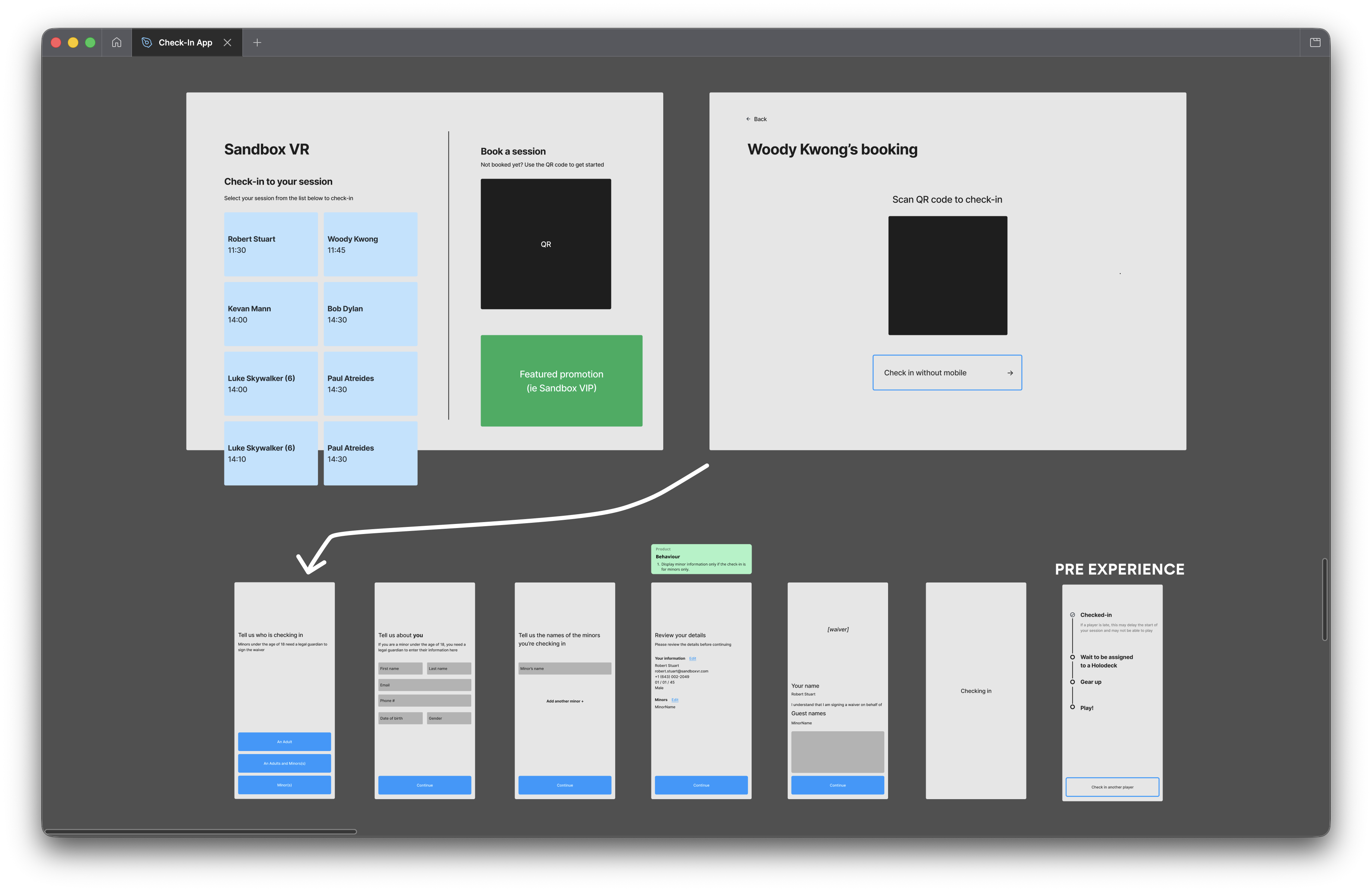 Figma canvas showing the full Check-in App user flow across Minor, Adult and Minor, and Adult paths