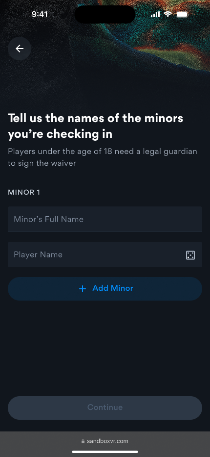 Mobile screen for entering minor guest names with option to add additional minors