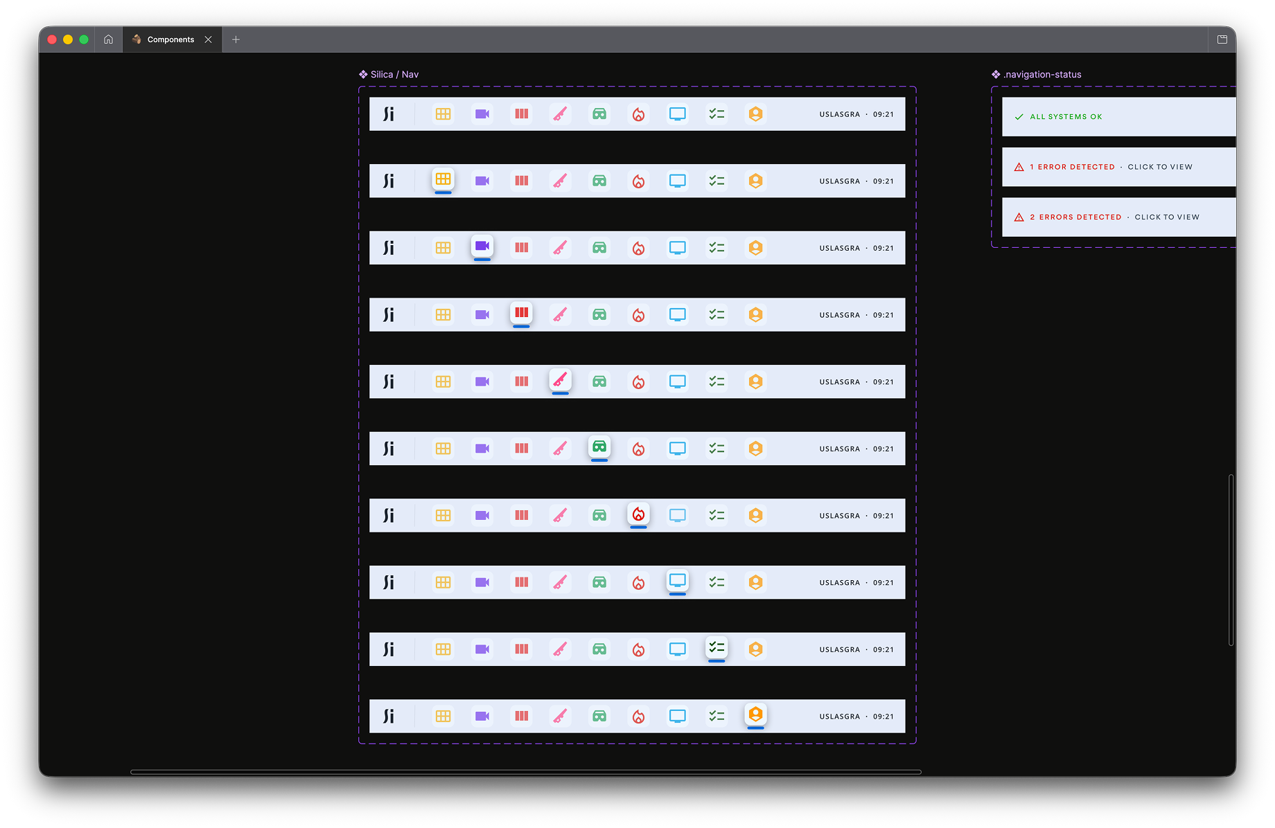 Silica navigation bar component showing all app icon active states and system status error variants