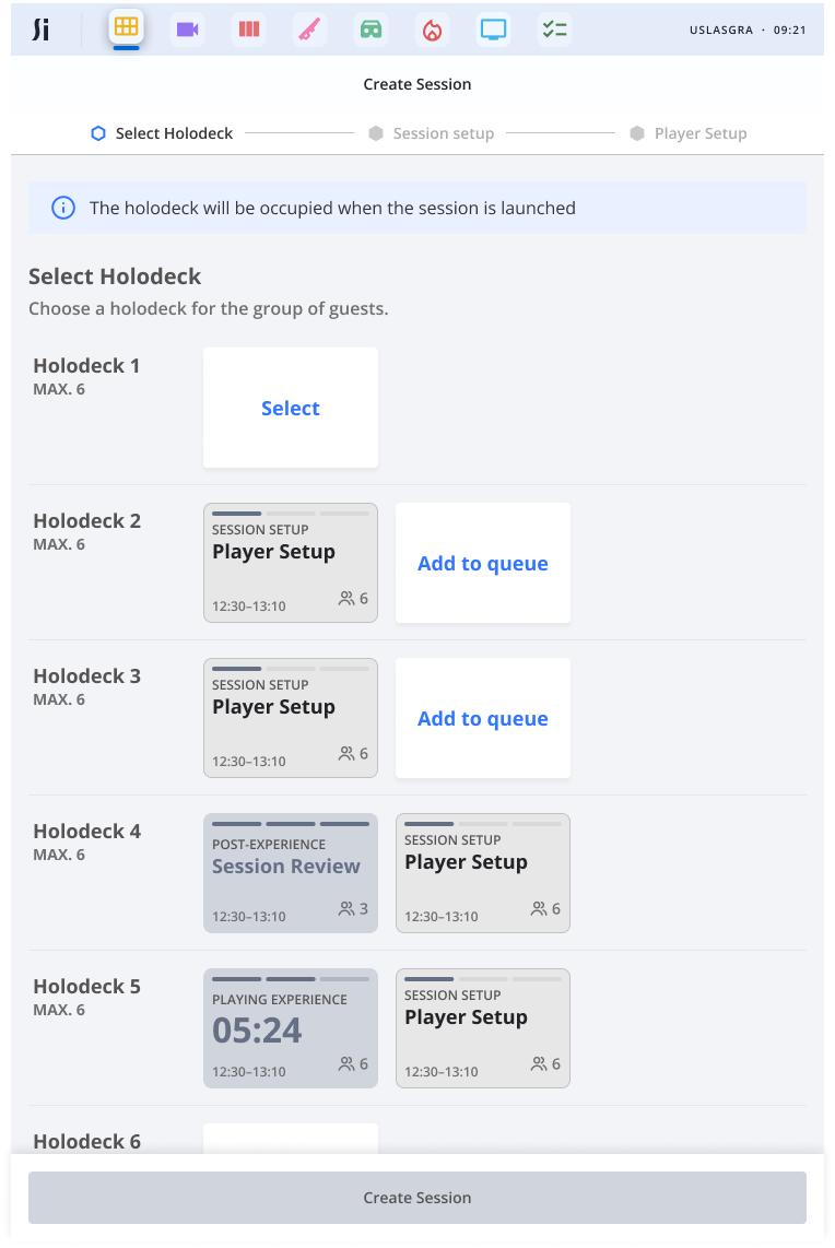 Silica create session flow showing holodeck selection with live session states and queue management
