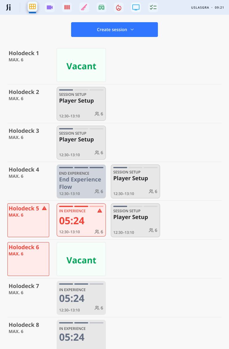 Silica session app home screen showing all holodecks and their current status across a live store