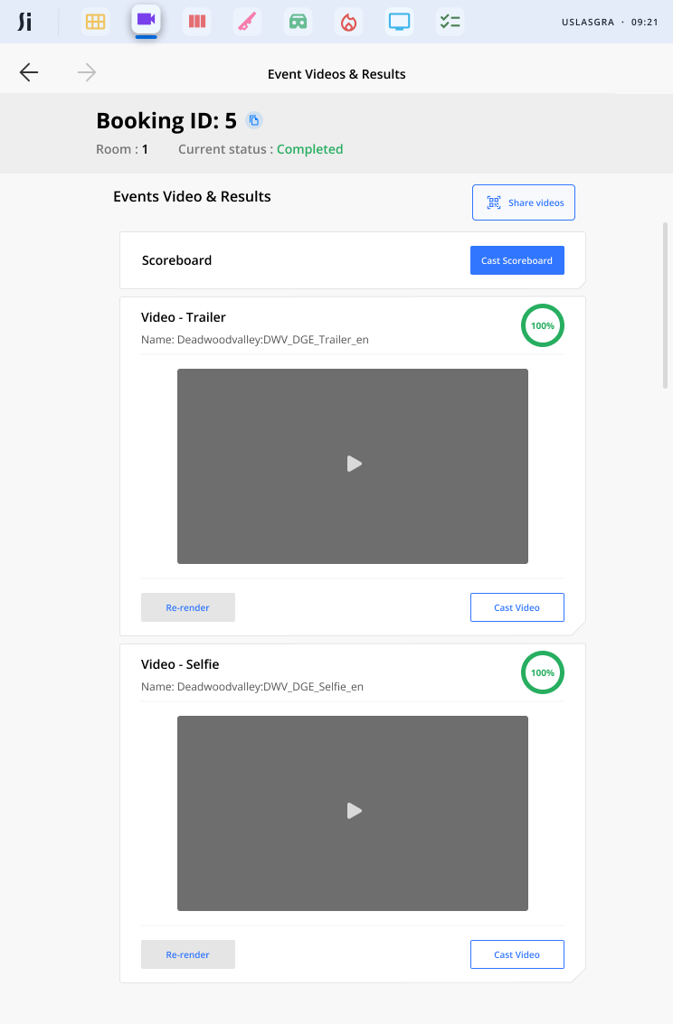 Silica video app showing completed trailer and selfie renders with cast and share controls