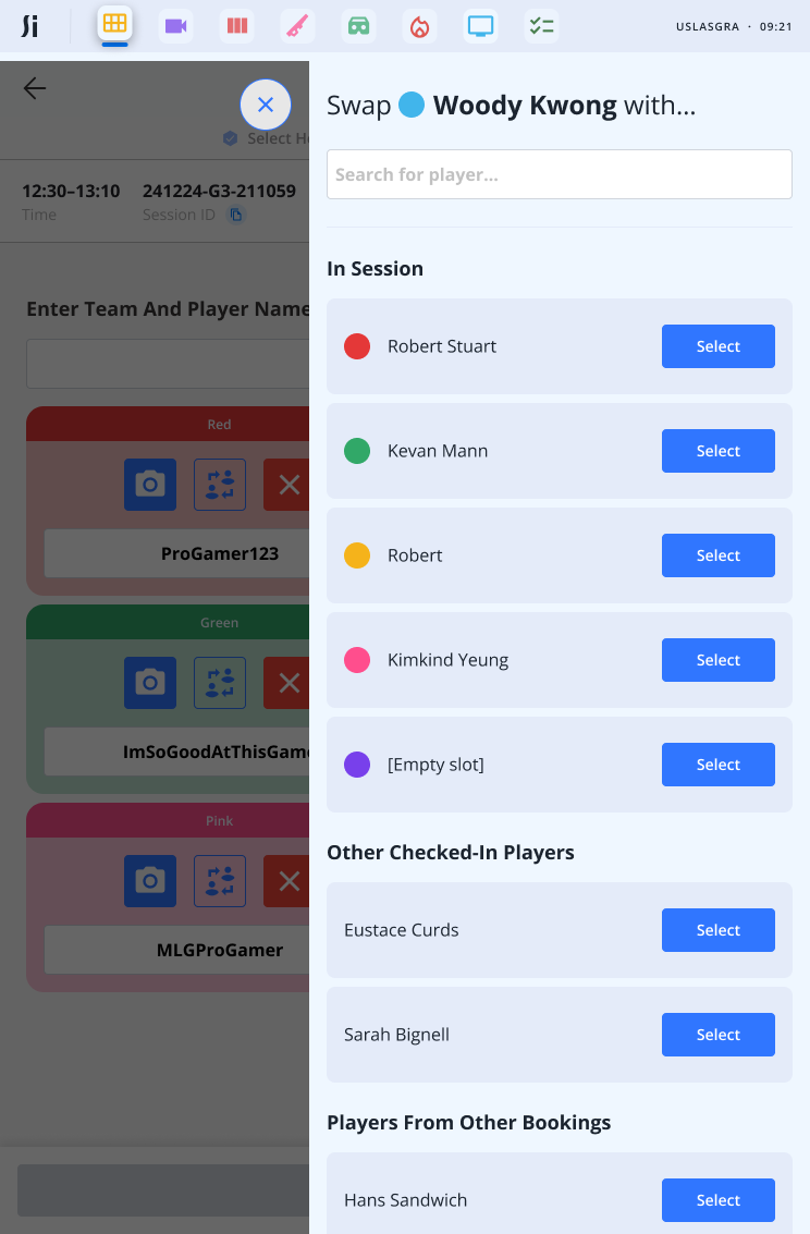 Silica player swap screen showing options to reassign players across session slots